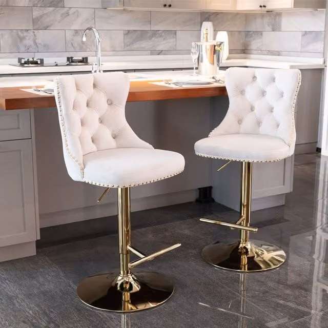 HomeTouch Set of 4 Beige Velvet Upholstered Bar Stools with Adjustable Height and Metal Legs – 1