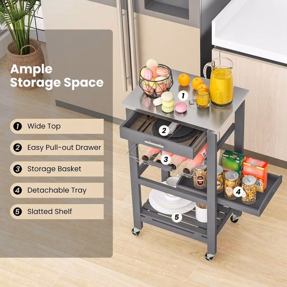 NESTLUNE Grey Wheeled Kitchen Storage Trolley Cart Cupboard – 3