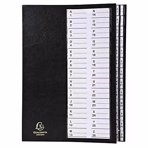 Exacompta Black Multipart File with Rigid Cover for A4 Documents, 26 Sections A-Z, 300gsm Ivory Pressboard, Size: 33.0 x 25.0 cm – 1