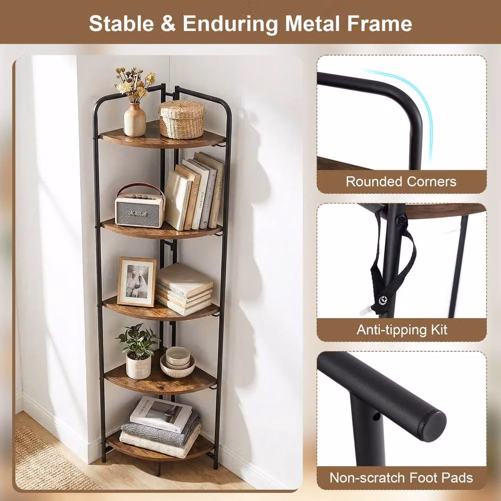 Gymax 5 Tier Brown Metal Open Corner Display Shelf and Folding Rack – 4