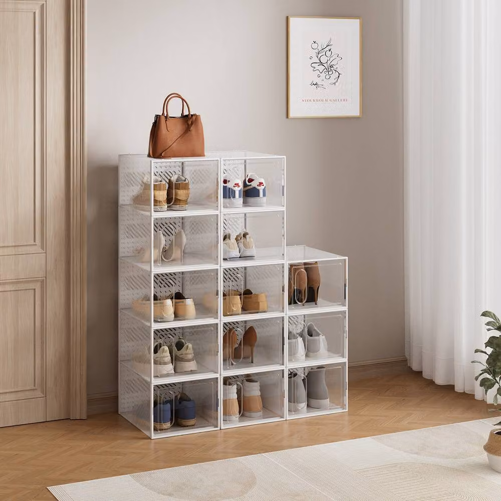 Living and Home 12 Pack Stackable Shoe Storage Boxes in White and Transparent Plastic – 2