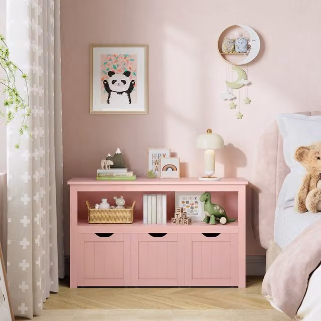 VASAGLE Kids Toy Storage Cabinet with Wheels, Jelly Pink