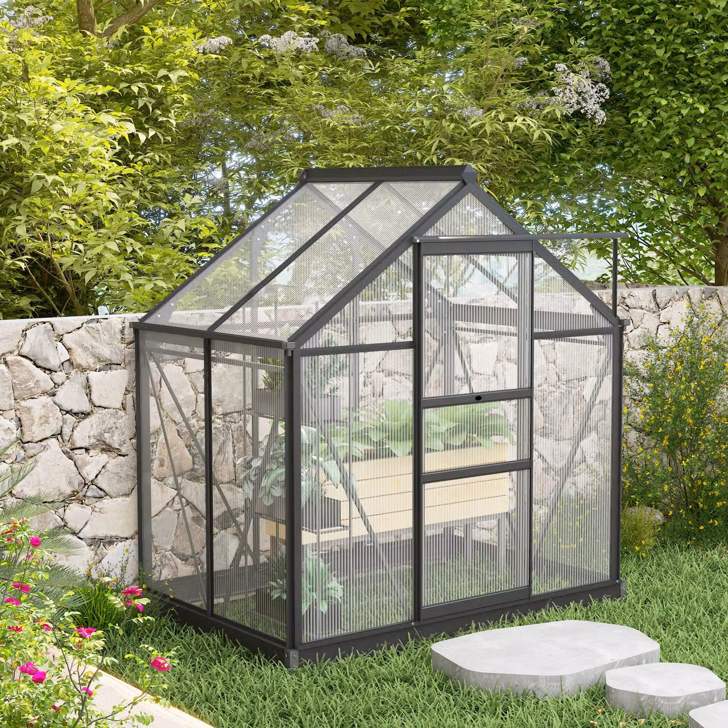 Outsunny Polycarbonate Greenhouse with Aluminium Frame and Galvanised Steel Base, Grey, W/D/H: 183 x 122 x 201 cm – 2