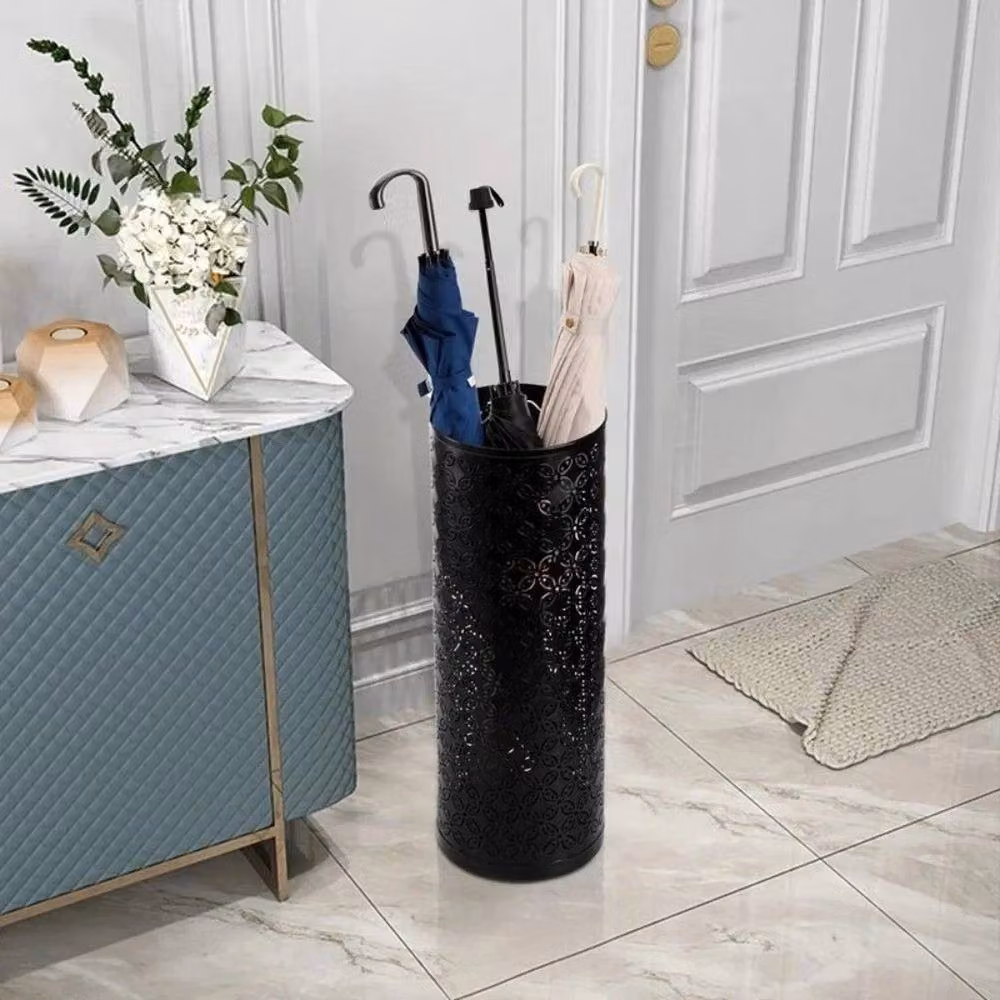 VOGREX Black Metal Umbrella Stand with Removable Drip Tray and Walking Stick Storage – 4