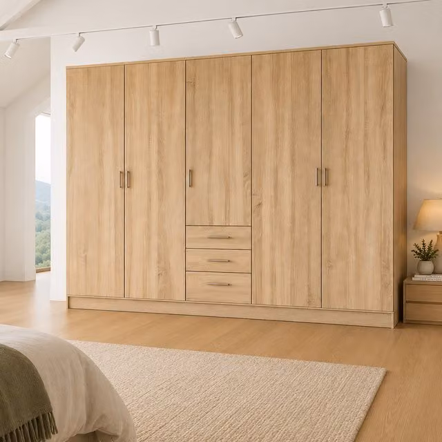 Venice Oak 5 Door Wardrobe with 3 Integrated Drawers in Brown and Beige