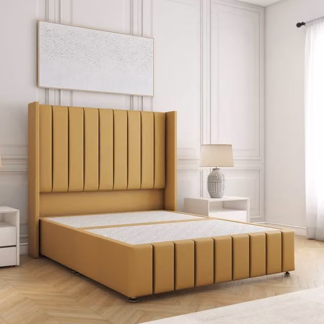 BSSPOKE Zoe Small Double Divan Bed with 54 inch Plush Velvet Headboard in Mustard Yellow