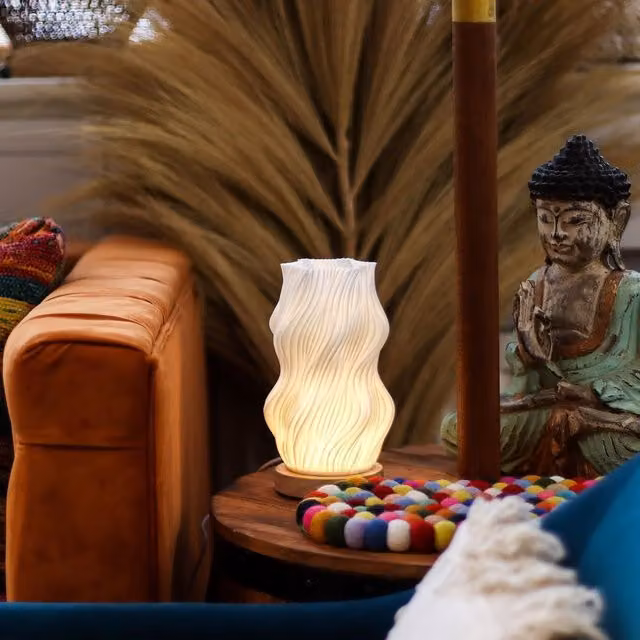 KDMK Star Twisted New Wave Tabletop Lamp with USB Charging, 3 Brightness Settings and White Wooden Base