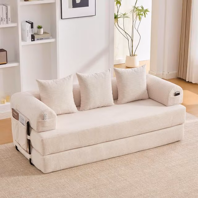 Aosom UK Beige Upholstered Modular Folding Sofa with Detachable Metal Frame, W/D/H: 110 x 33 x 33 cm