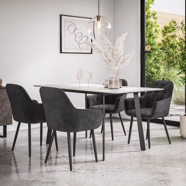 More4Homes Haydon Extending Dining Table and Anika Velvet Chair Set, White Marble Effect Top with Black Legs and 6 Chairs