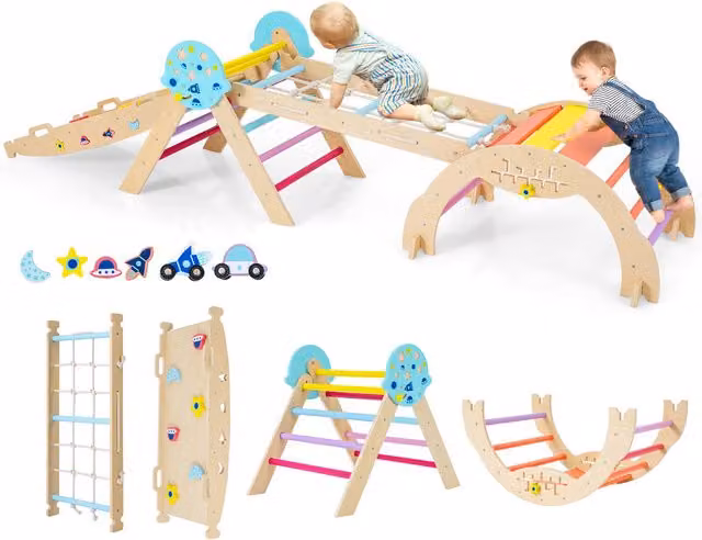 Costway Foldable Wooden Indoor Jungle Gym Climber in Multicolour and Pink