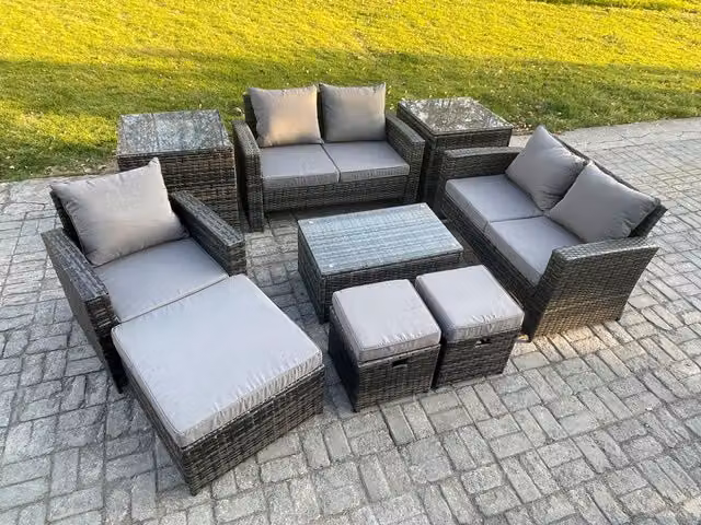 Fimous 8 Seater Rattan Garden Furniture Set in Dark Grey with U-Shape Sofa, Coffee Table, 3 Footstools and 2 Side Tables