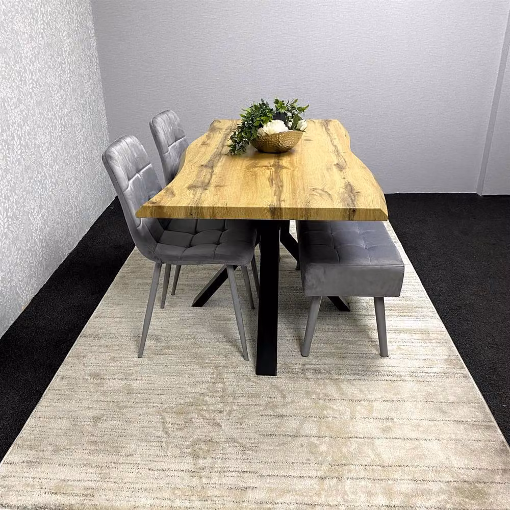 KOSY KOALA Modern Rectangular Dining Set with 2 Grey Velvet Chairs and Wooden Benches – 3