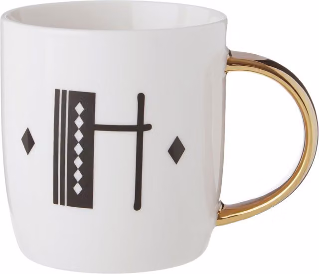 Orsina Diamond Deco Monogram Bone China Mug in White, Black and Gold