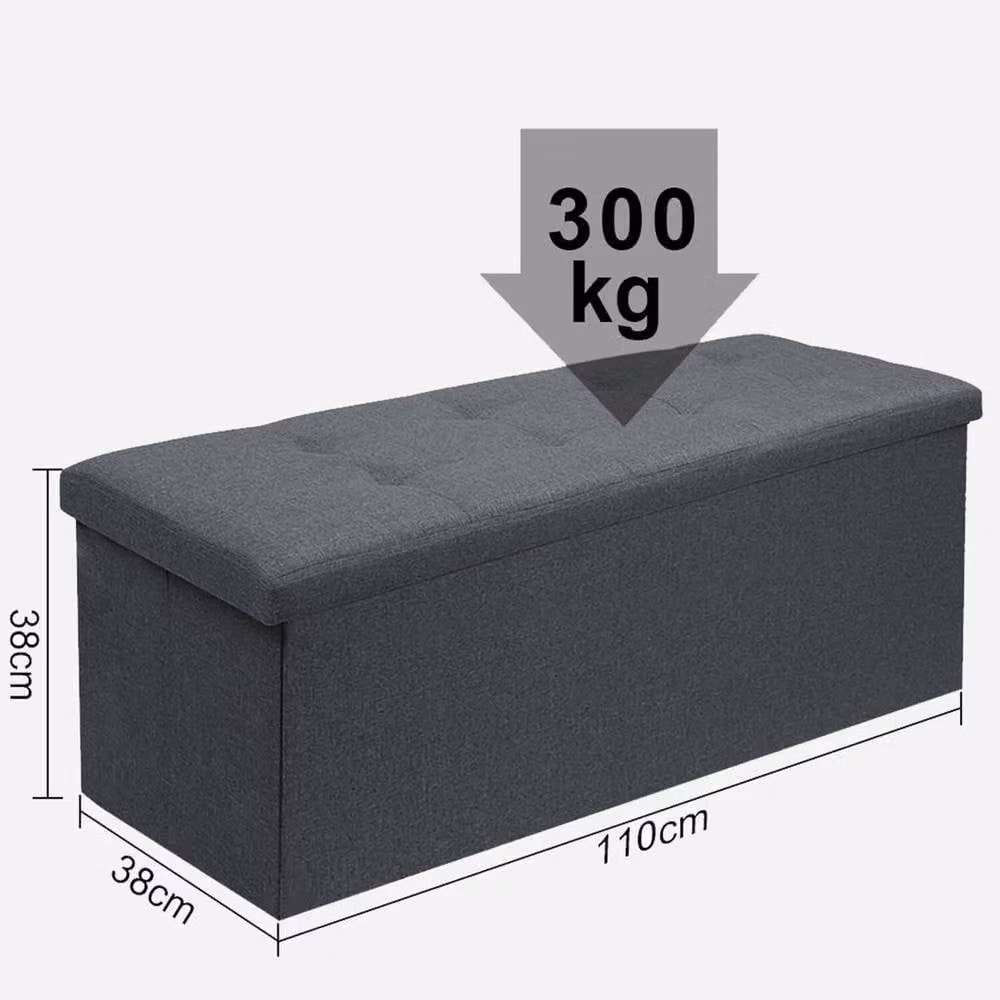 PAWNORA Grey Linen Upholstered Rectangular Ottoman Storage Seat Stool W/D/H: 110 x 38 x 38 cm – 2