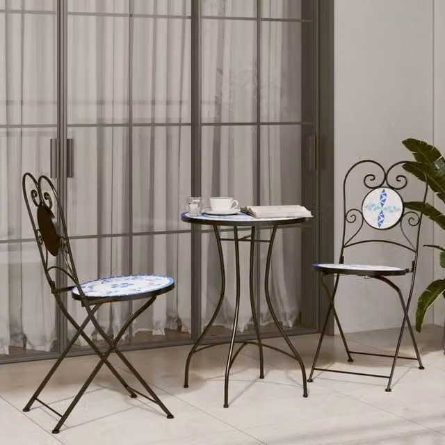 Berkfield Home Mosaic Bistro Table in Blue and White Ceramic with Powder Coated Steel, W: 50 cm, D: 70 cm