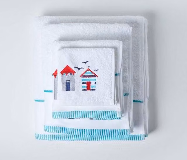 Homescapes Maritime Striped Cotton Terry Bath Sheet in White, Blue and Red