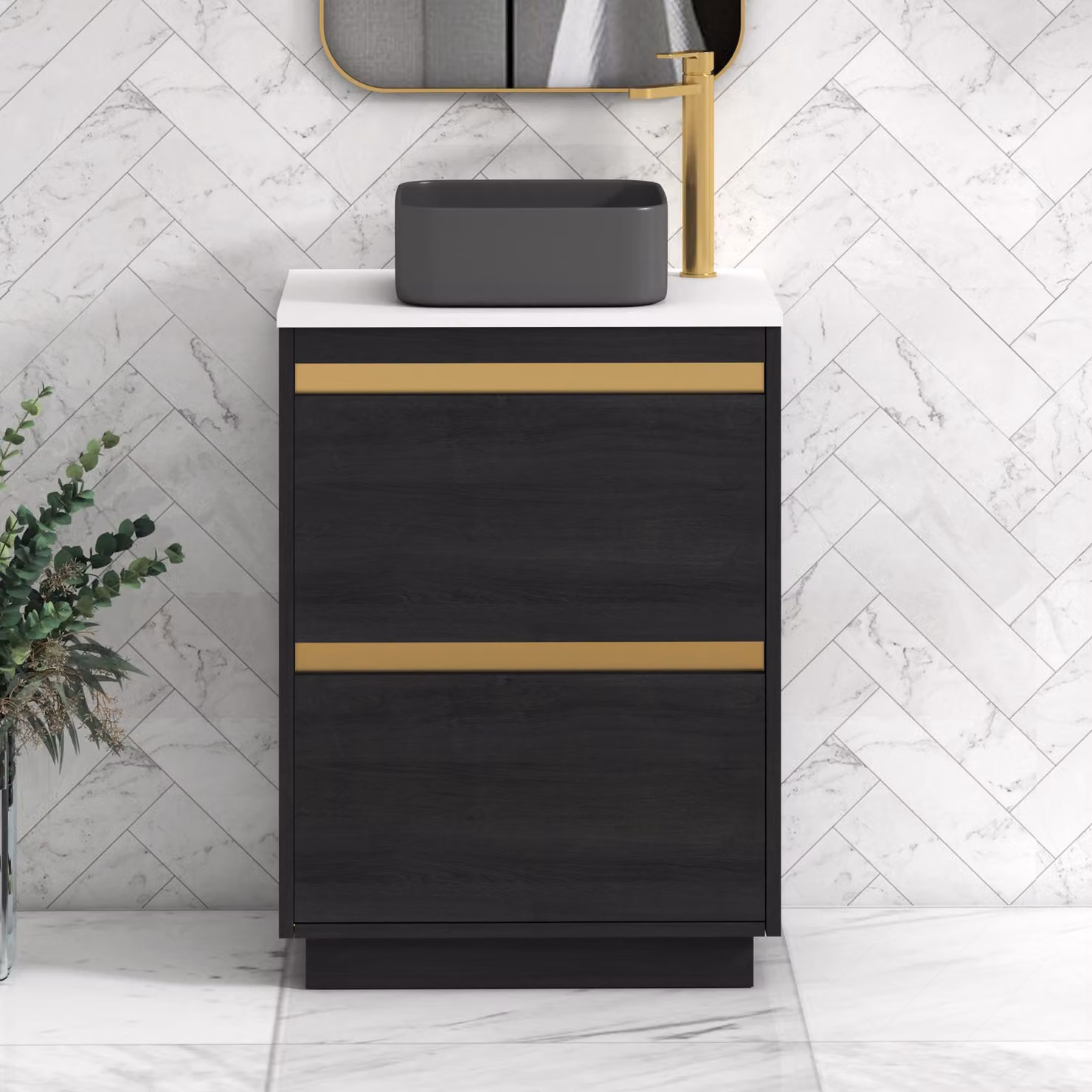 Royal Bathrooms Orion 600mm Hale Black and White Floor Standing Vanity Unit with 2 Drawers and Art Square Basin with Brushed Brass Accent Trim