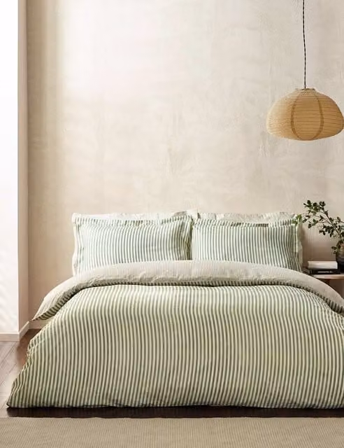 YARD Hebden Striped Reversible Cotton Duvet Cover Set, Dark Green Mix, W: 180 cm, H: 200 cm