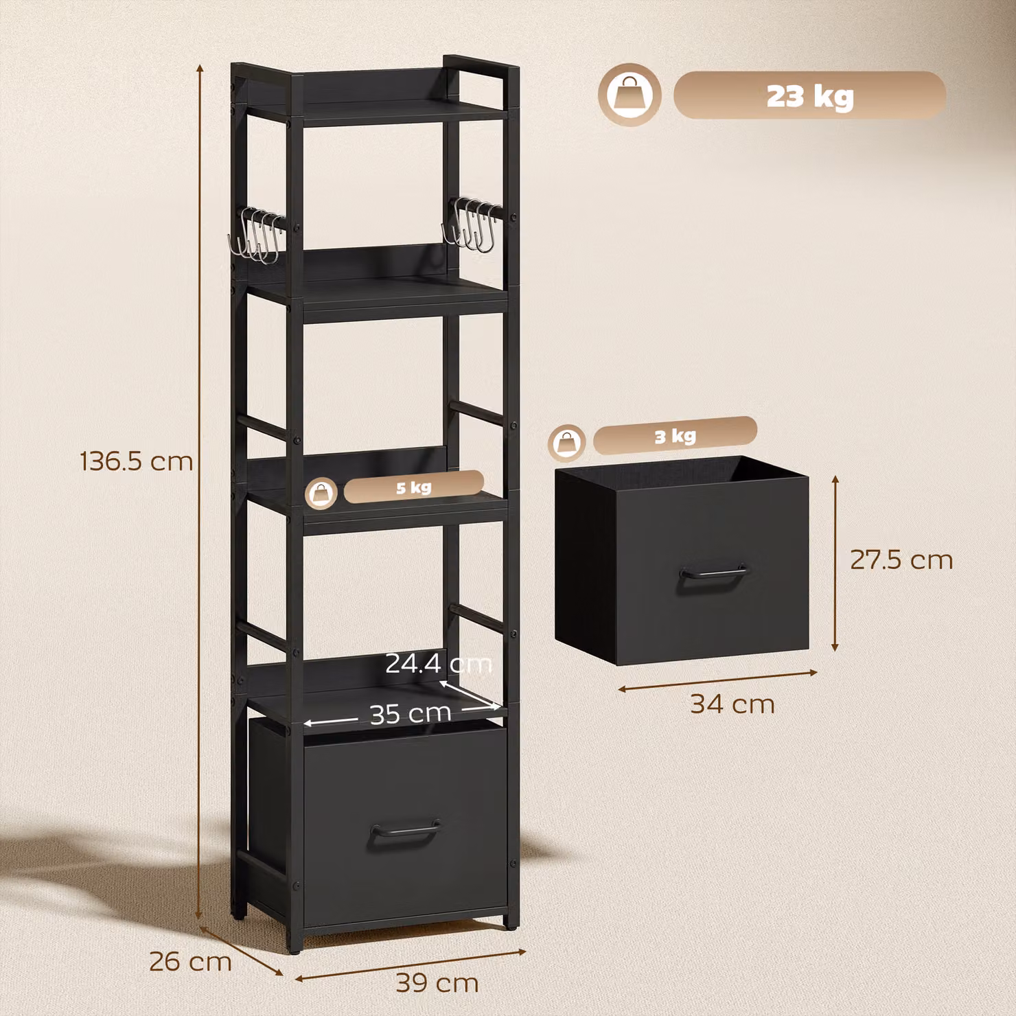 HOMCOM 4-Tier Narrow Black Metal and MDF Bookshelf with Drawer and 8 Hooks – 3