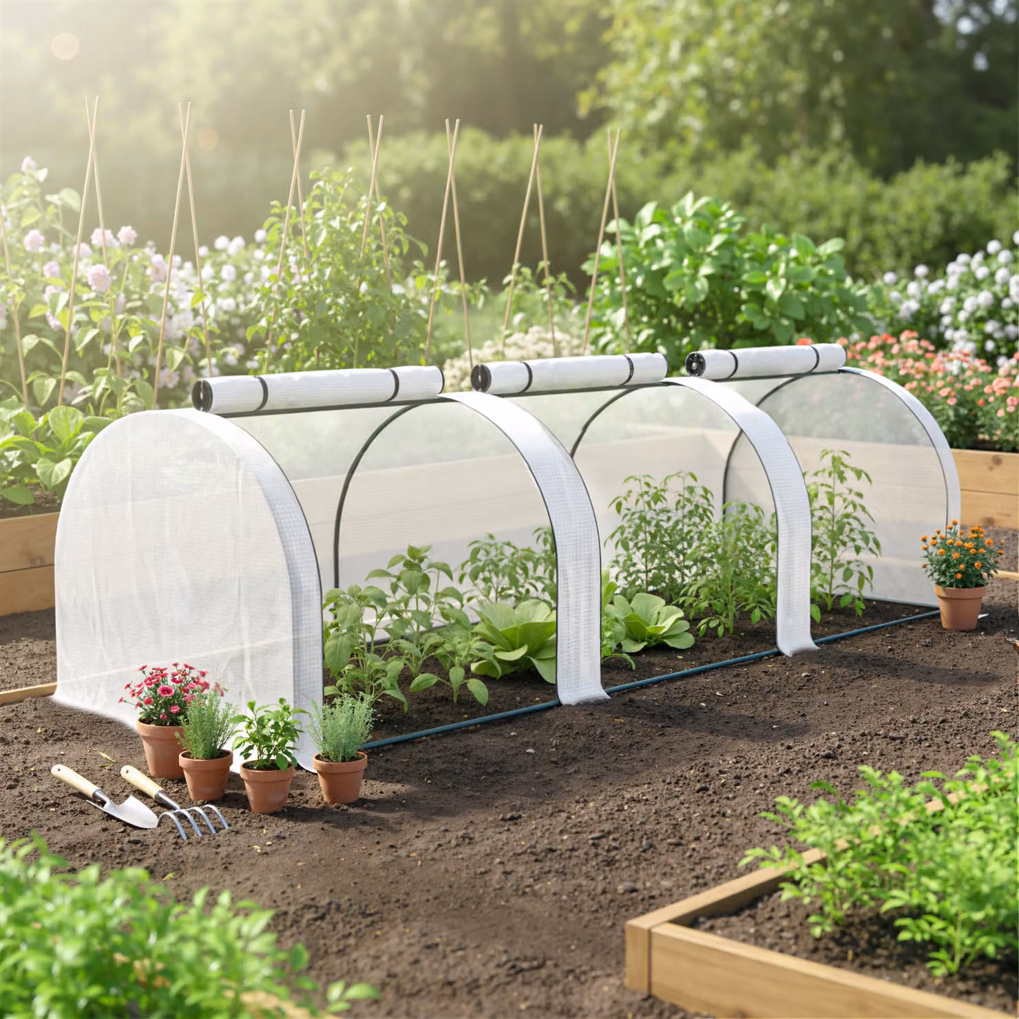 Outsunny White Low Tunnel Greenhouse with Roller for Vegetable and Ornamental Gardens, W: 295 cm, H: 100 cm, D: 100 cm – 2