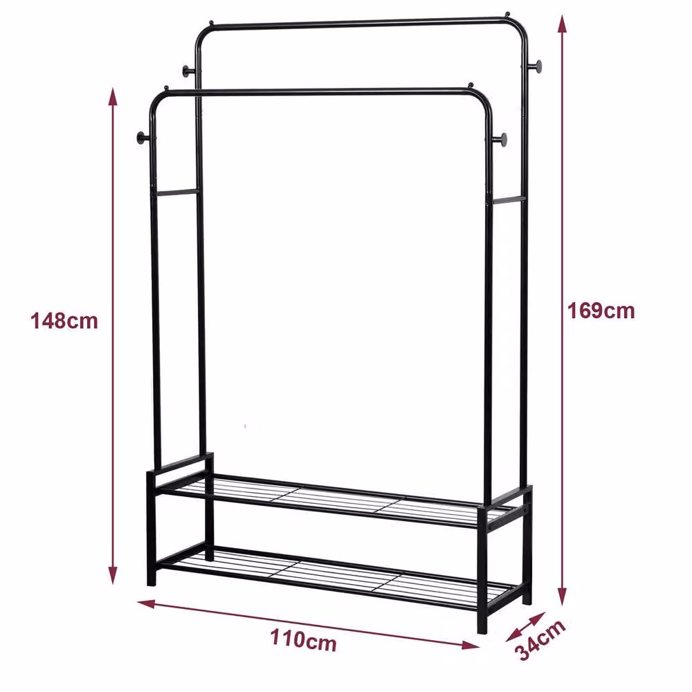 House of Home Double Clothes Rail with 2 Shoe Racks and Hat & Bag Hooks, Black, W/D/H: 169 x 34 x 34 cm – 2