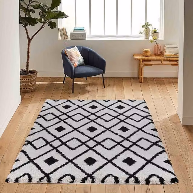 Desire Rugs Moroccan Berber Shaggy Rug with Ikat Design in Stone, Yellow and White, W: 160 cm, L: 230 cm