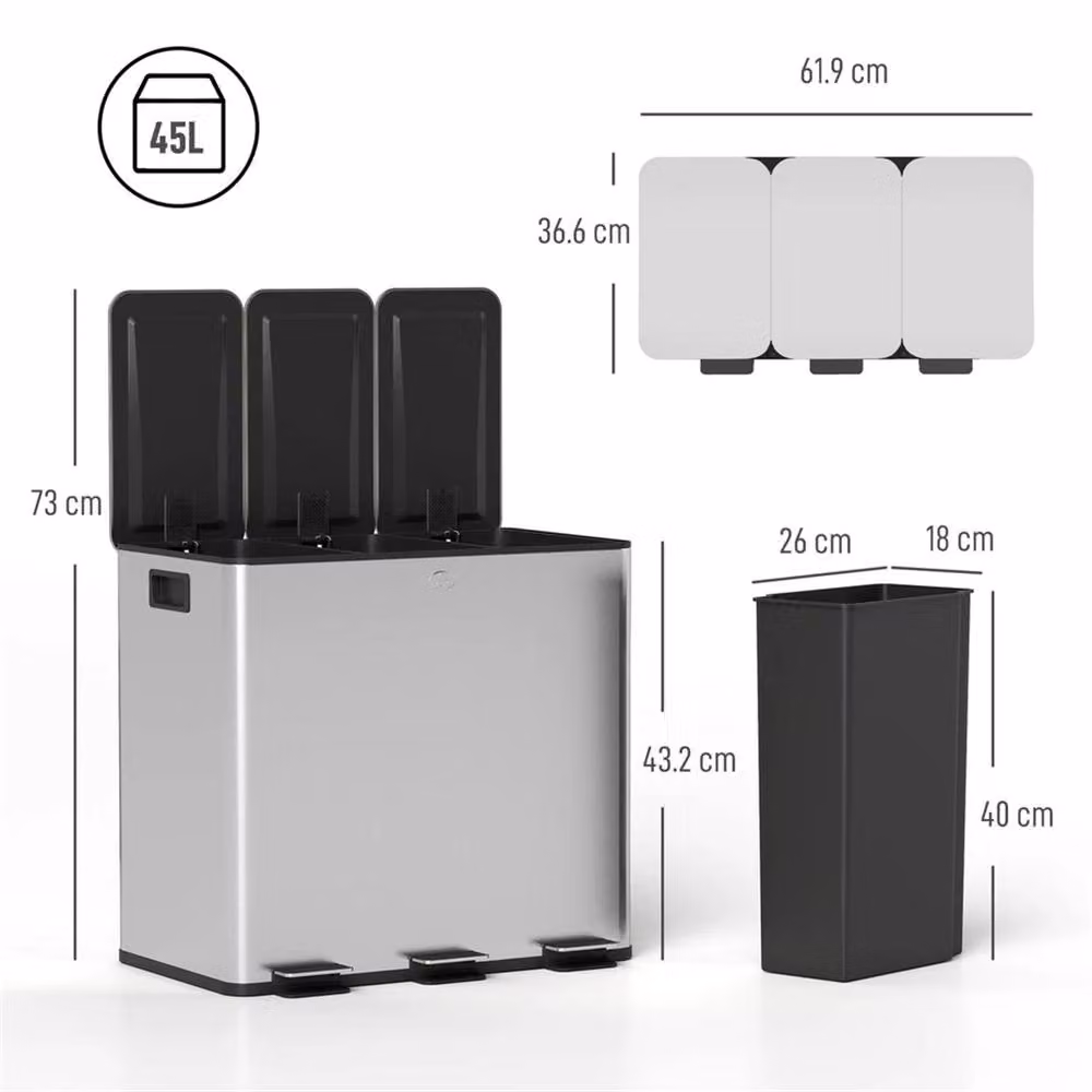 KORVIXA Triple Kitchen Pedal Bin in Silver, 3 x 15L, W: 60 cm, D: 45 cm, H: 100 cm – 2