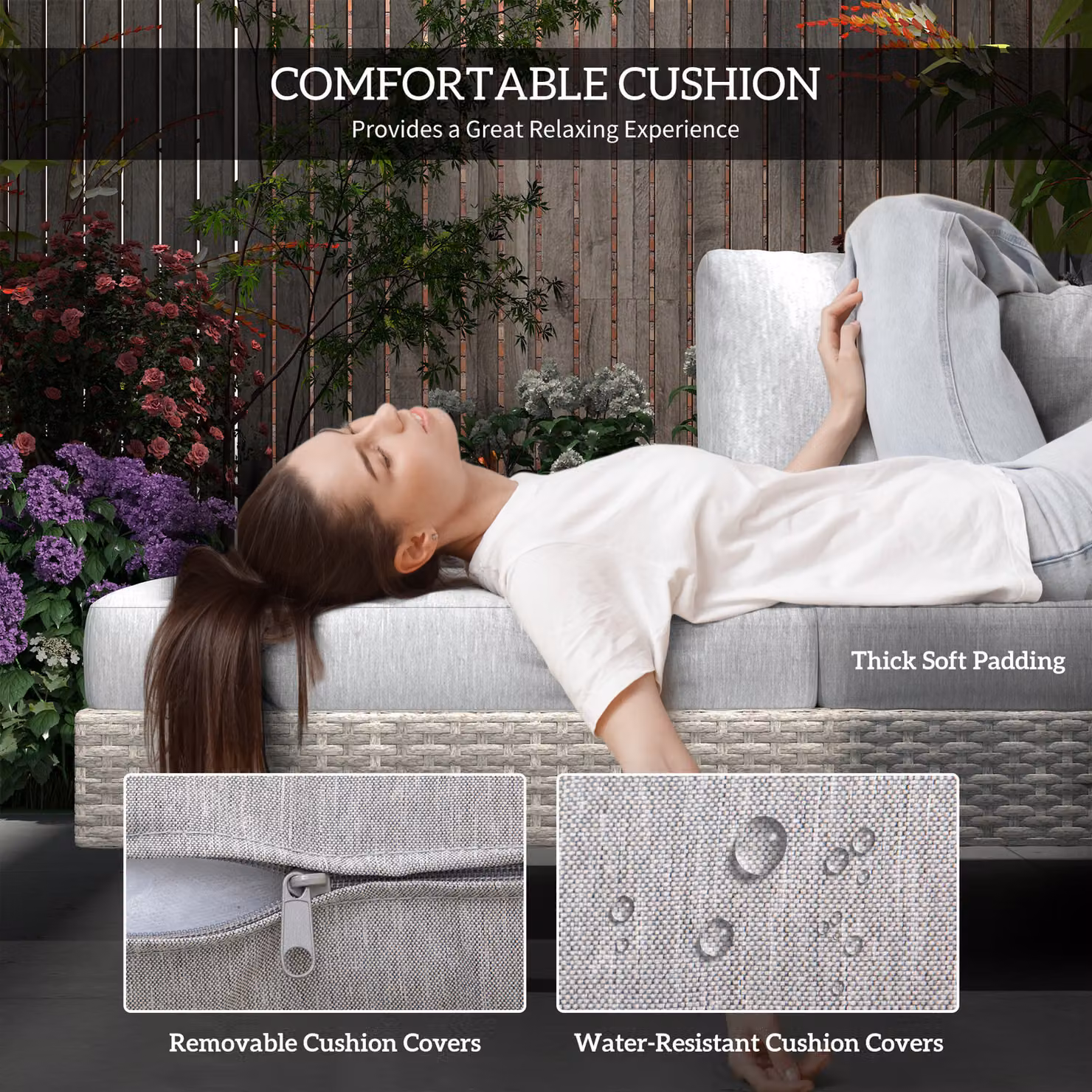 Outsunny 5-Seater Grey Rattan Garden Furniture Set with L-Shape Corner Sofa, Chaise Lounge, Coffee Table, Side Table and Cushions – 4