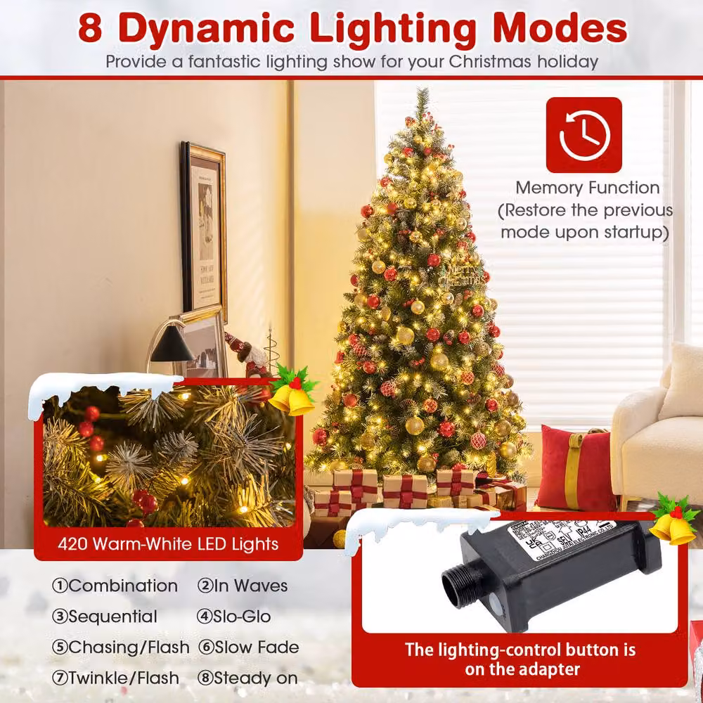 Costway 6.5ft Artificial Hinged Christmas Tree with 909 PVC Branch Tips in Green – 8