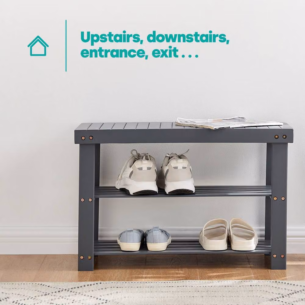 LIVIVO Bamboo Two Tier Shoe Rack and Storage Bench in Grey, W/D/H: 100 x 24 x 45 cm – 3