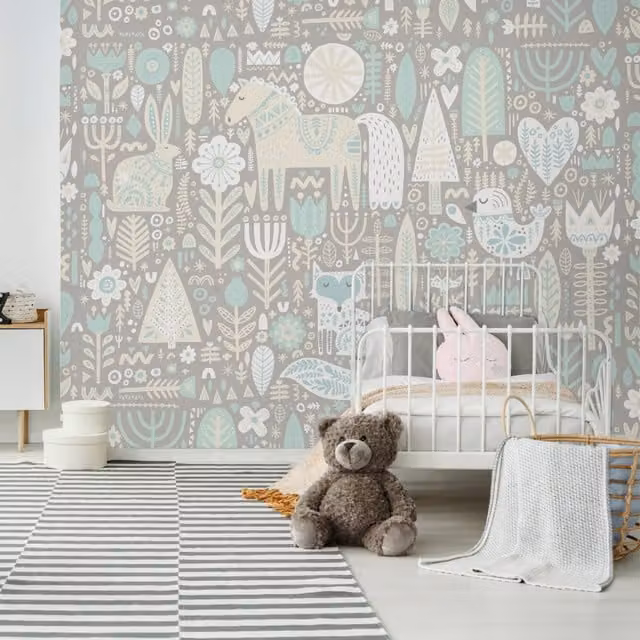 Origin Murals Scandi Forest Animals Floral Wall Mural in Grey (Medium)