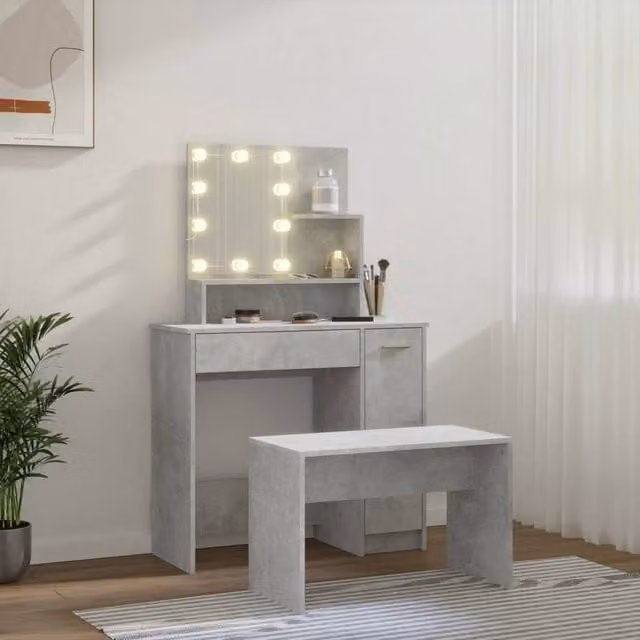 Berkfield Home White and Grey Modern LED Dressing Table Set with Hollywood Mirror, W/D/H: 136 x 35 x 86.5 cm – 1