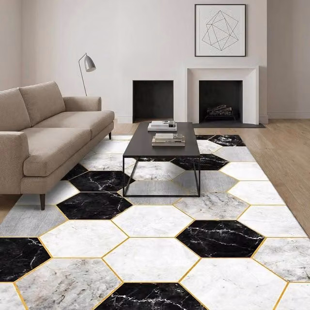 MCC Direct Modern Abstract Rectangular Microfibre Rug in Black, W: 140 cm, D: 200 cm