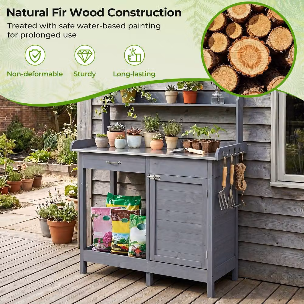 Costway Grey Wooden Garden Potting Bench Table with Lockable Cabinet and Stainless Steel Accents – 6