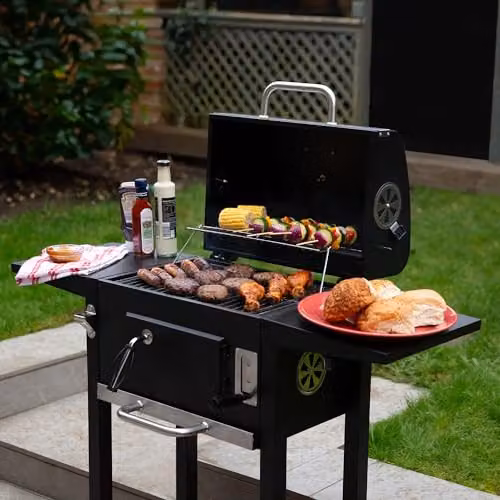 George Foreman Large Charcoal BBQ in Black, Portable Outdoor Smoker with Lid Cover, Adjustable Cast Iron Grill and Integrated Temperature Gauge, W/D/H: 109 x 103 x 46 cm – 5