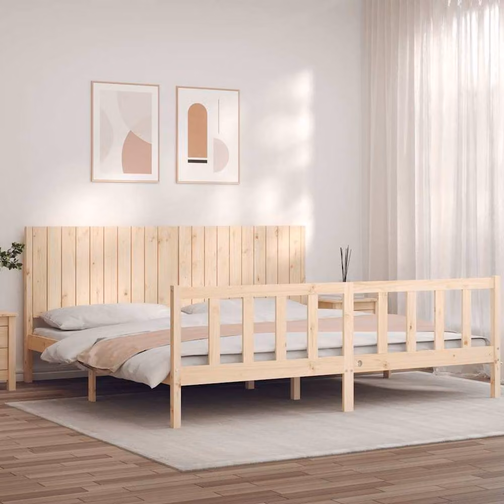 Berkfield Home Beautiful Bed Frame with Headboard in Beige Solid Pine Wood, W/D/H: 200 x 200 x 205.5 cm – 2