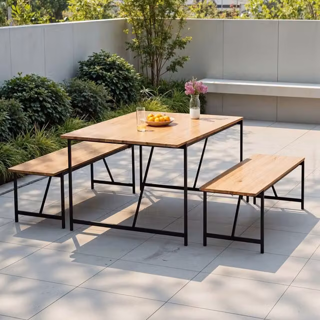 Komore Modern Rectangular Dining Table and Benches Set in Black and Brown MDF Laminate