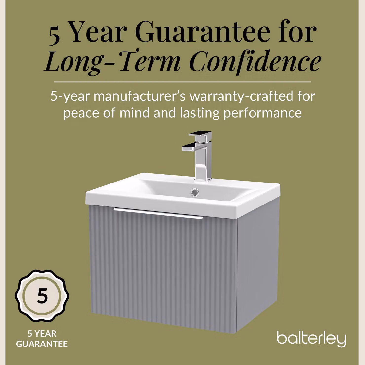 Balterley Fluted Wall Hung 1 Drawer Vanity Basin Unit and Ceramic Basin, Satin Grey, Width: 500 mm – 3
