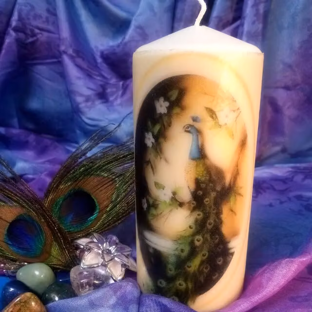 Viki White Peacock Pillar Candle