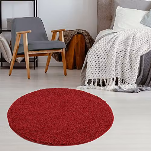 THE RUGS Red Plain Shaggy Round Rug for Living Room and Bedroom, Diameter: 120 cm – 3