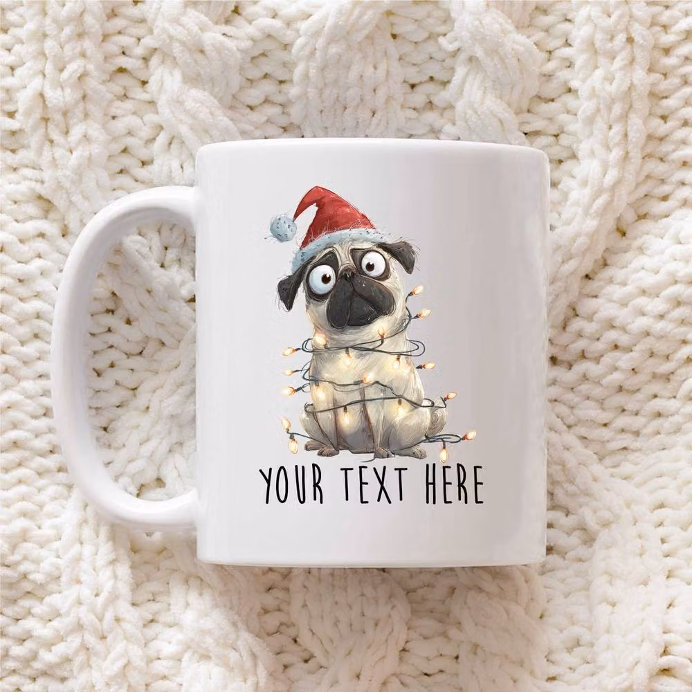 60 SECOND MAKEOVER Personalised Pug Christmas Lights Santa Hat Ceramic Mug in White – 2