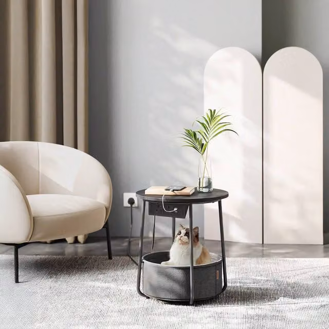 VASAGLE Round Side Table with Fabric Basket in Black