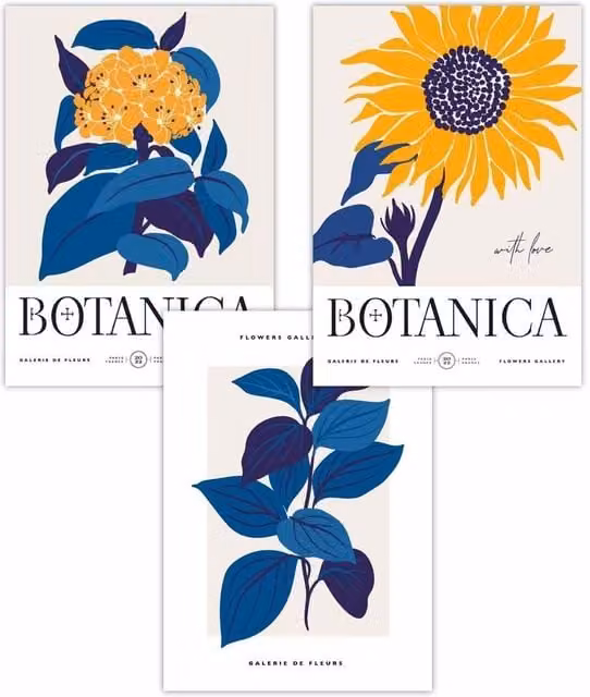 ARTZE Set of 3 Modern Floral Paper Posters with Blue Flower Market and Yellow Sunflower Designs, W: 59 cm, H: 84 cm