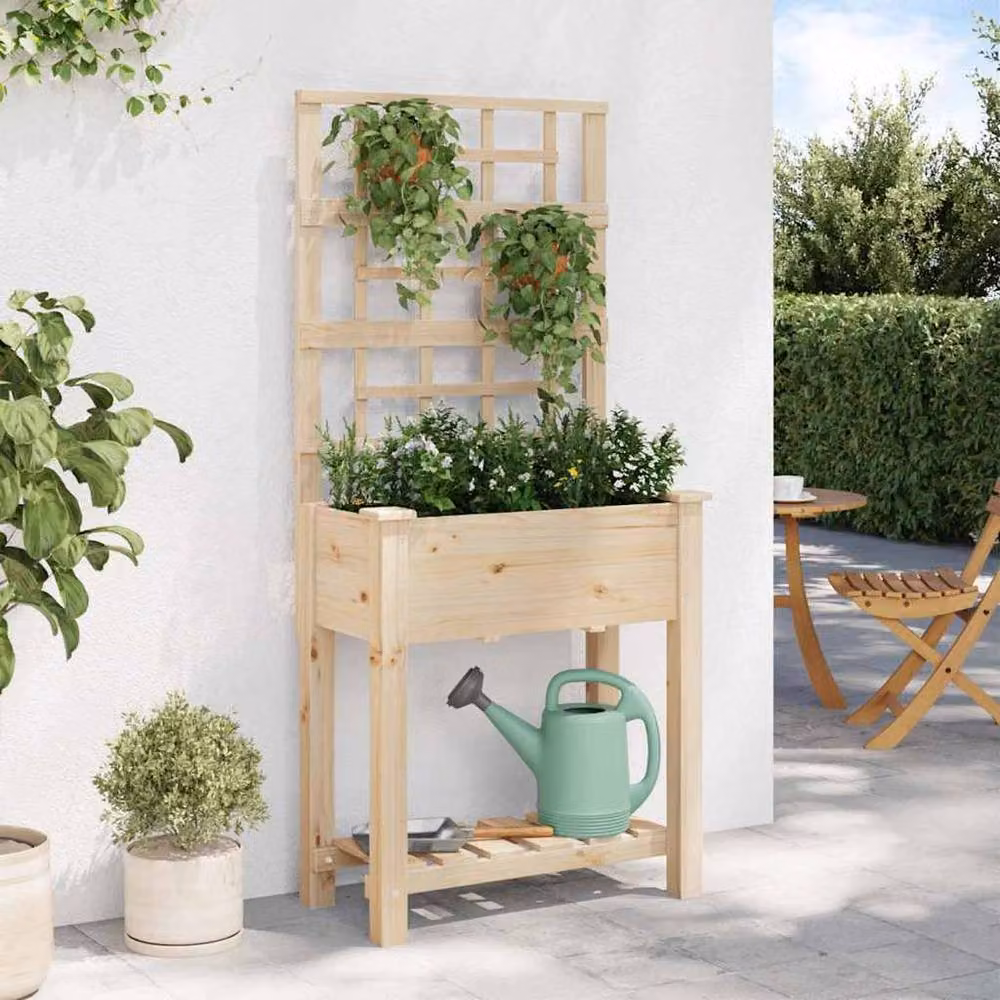 Berkfield Home Garden Planter with Trellis and Shelf in Beige Solid Wood, W/D/H: 71 x 38 x 152 cm – 3