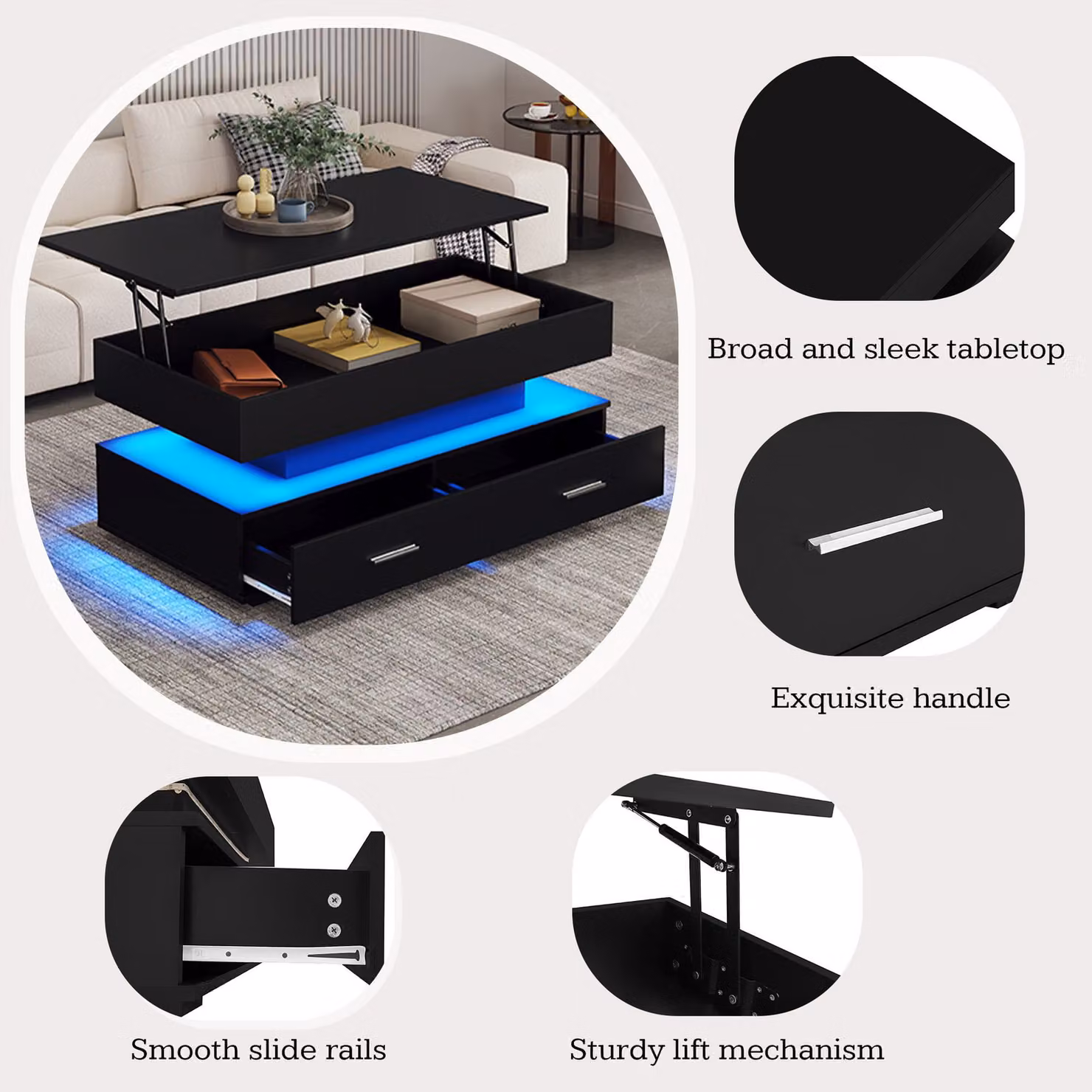 Aosom.UK Black Hydraulic Lift Top Coffee Table with LED Lighting and 2 Drawers, W: 100 cm, D: 50 cm, H: 44 cm – 8