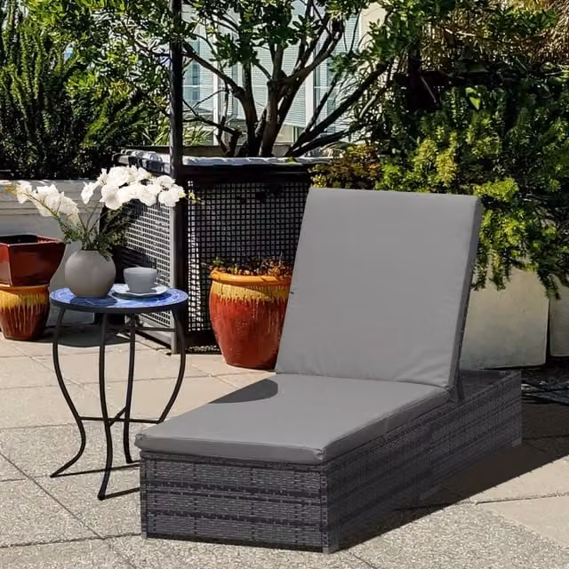 Outsunny Single PE Rattan Sun Lounger with Adjustable Headrest and Multi-Position Glide in Grey