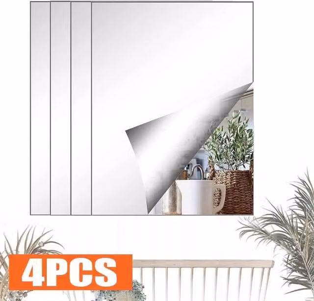 FLAVORA Self Adhesive Mirror Tile 4 Pack in Metallic Silver, 0.6m2 – 1