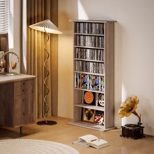 HOMCOM Media Storage Unit with 6 Adjustable Shelves in Brown Sand Wood Finish – 7