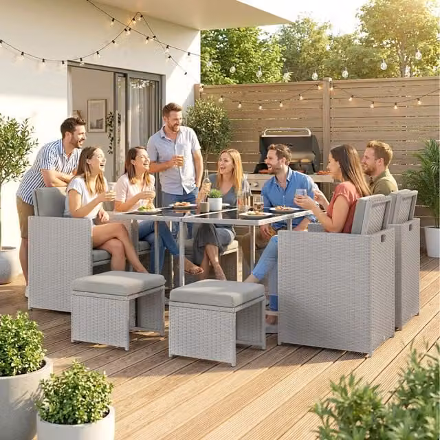 Outsunny 9-Piece Rattan Garden Furniture Set with Glass Top Dining Table in Light Grey