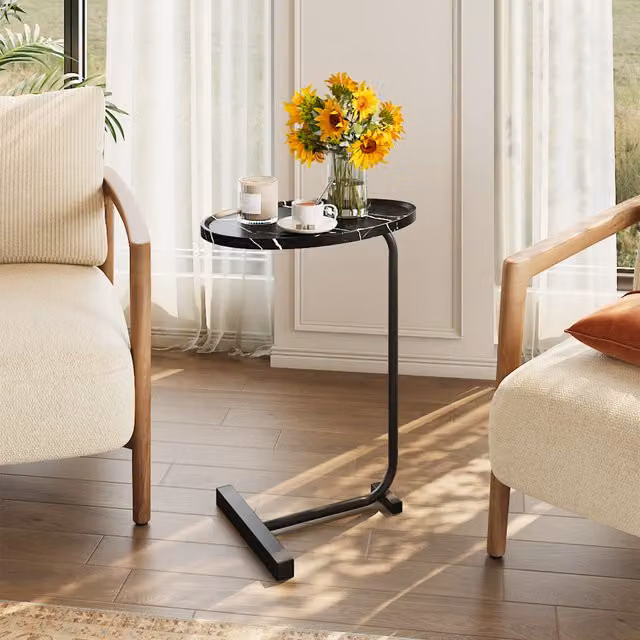 Livingandhome Black Metal Side Table with Round Glossy MDF Tabletop